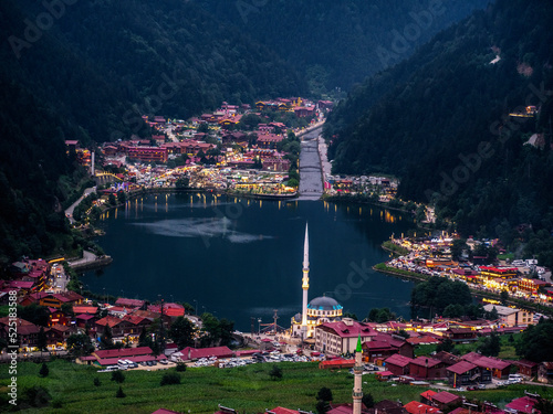 Aerial view to the Uzungol lake famous tourist destination in summer in city of Trabzon Turkey 26.07.2022 photo