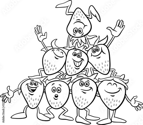 cartoon happy strawberries group coloring page