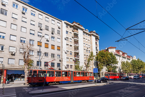 A tram psses through central Belgrade, Serbia