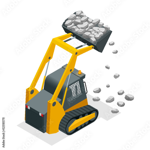 Isometric Compact Excavators. Yellow Skid Steer Loader.