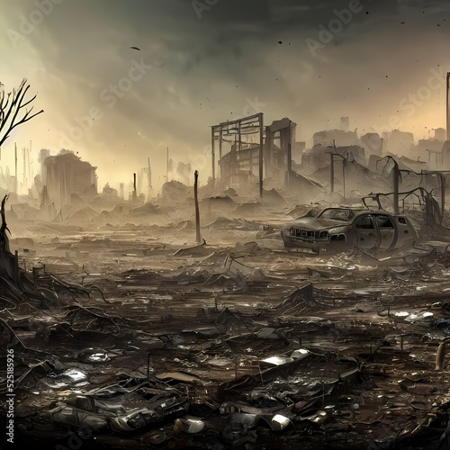 Charred, radioactive post-apocalyptic wasteland in nuclear summer - detailed digital painting sci-fi video game environment concept art photo