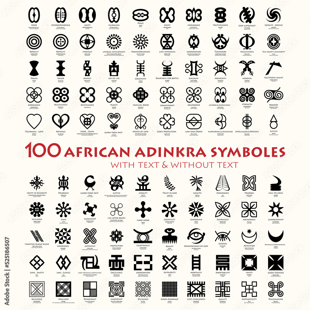 Adinkra African 100 Symbols with meanings represents the west African  wisdom, this collection reflects the vigor and spirit of this dynamic and  expressive art form. Stock Vector | Adobe Stock