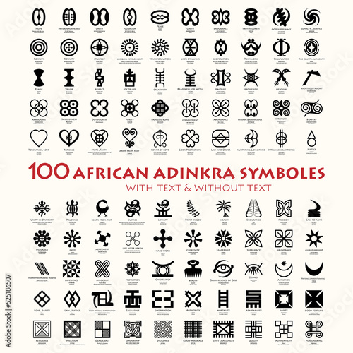 Adinkra African 100 Symbols with meanings represents the west African wisdom, this collection reflects the vigor and spirit of this dynamic and expressive art form. photo