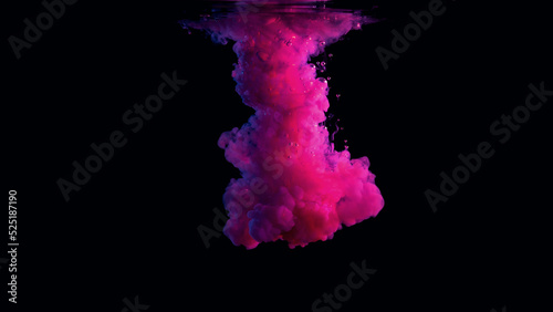 magenta and cyan smoke on black background colored liquids with lights in photography studio and water