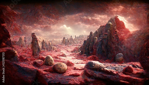 Landscape of an unexplored planet. A fantasy mountain with a hidden cave and a plasma red sky. photo