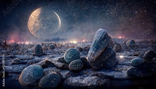 Fotografia planet covered with cobblestones, space background with rocks under the night sky and shining moon sphere
