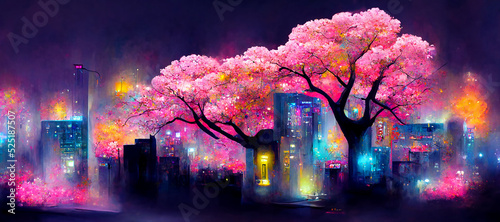 Valokuva The city of Kyoto 1000 years ago at night  with many cherry blossoms in full blo