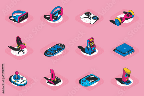 Game devices 3d isometric icons set. Pack elements of vr glasses, different joysticks, gamer chair, slot machine, controller, gaming console and others. Vector illustration in modern isometric design
