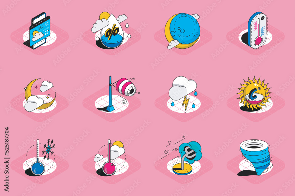 Weather 3d isometric icons set. Pack elements of air humidity, temperature, wind, sun, moon, cloudy, thunderstorm, atmosphere, overcast and others. Vector illustration in modern isometric design Weather 3d isometric icons set. Pack elements of air humidity, temperature, wind, sun, moon, cloudy, thunderstorm, atmosphere, overcast and others. Vector illustration in modern isometric design