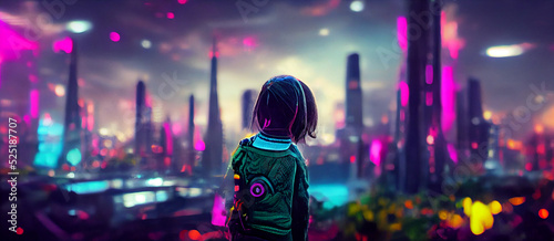 Fotografie, Obraz Back facing little girl looking at cyberpunk city neon colors Digital Art Illust
