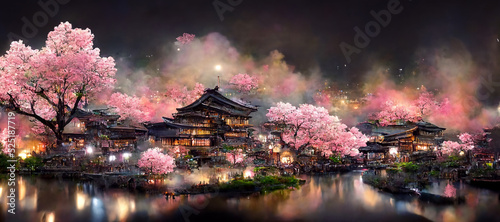 Fotografiet The city of Kyoto 1000 years ago at night  with many cherry blossoms in full blo