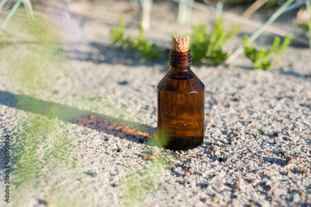 Essential oil bottle on a sandy beach. Little brown medicine bottle in nature background. Organic CBD hemp oil. Essential oil bottle on a sandy beach. Little brown medicine bottle in nature background. Organic CBD hemp oil.
