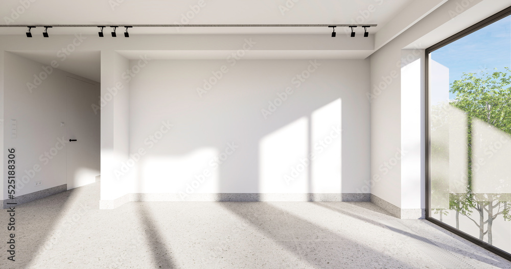 Wnętrze, pusty pokój z białymi ścianami i czarnymi dodatkami. Nowoczesna podłoga, zieleń za oknami. 3d rendering. Wizualizacja 3d. - obrazy, fototapety, plakaty 