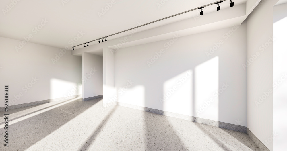 Wnętrze, pusty pokój z białymi ścianami i czarnymi dodatkami. Nowoczesna podłoga, zieleń za oknami. 3d rendering. Wizualizacja 3d. - obrazy, fototapety, plakaty 