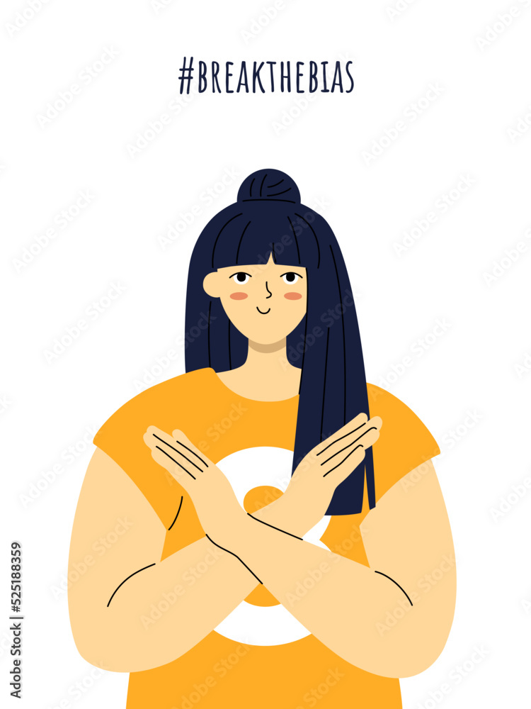 Break The Bias. Asian woman stand with crossed arms pose to stop gender discrimination and fight stereotypes. International Women Day. 8th march. People equality movement. Flat vector illustration. Break The Bias. Asian woman stand with crossed arms pose to stop gender discrimination and fight stereotypes. International Women Day. 8th march. People equality movement. Flat vector illustration.