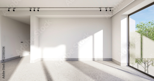 Wnętrze, pusty pokój z białymi ścianami i czarnymi dodatkami. Nowoczesna podłoga, zieleń za oknami. 3d rendering. Wizualizacja 3d. photo