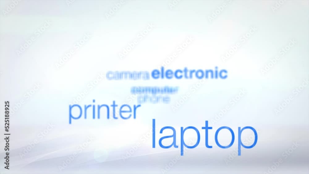 4k technology products animated word cloud. electronics, printer, laptop, computer, camera, phone, monitor, tv, headphone, tablet, hardware, digital, equipment