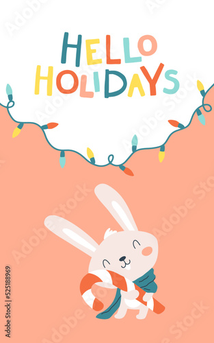 Christmas card with a little bunny with candy. Hello holidays. Vector cartoon illustration in simple childish hand drawn cartoon style. The limited palette is ideal for printing.