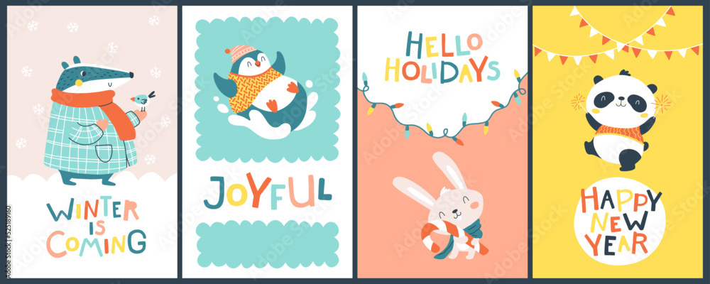 Christmas cards set with cute animals and funny inscriptions. Vector cartoon illustration in simple childish hand drawn cartoon style. The limited palette is ideal for printing.