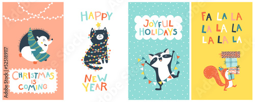 Fototapeta Naklejka Na Ścianę i Meble -  Christmas cards set with cute animals and funny inscriptions. Vector cartoon illustration in simple childish hand drawn cartoon style. The limited palette is ideal for printing.
