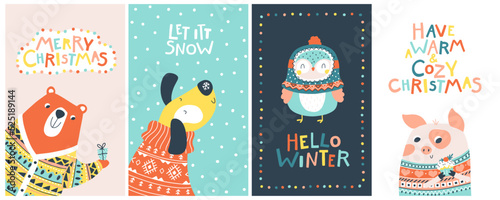 Christmas cards set with cute animals and funny inscriptions. Vector cartoon illustration in simple childish hand drawn cartoon style. The limited palette is ideal for printing.