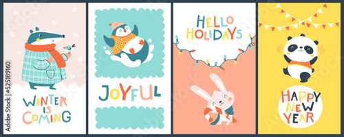 Christmas cards set with cute animals and funny inscriptions. Vector cartoon illustration in simple childish hand drawn cartoon style. The limited palette is ideal for printing.
