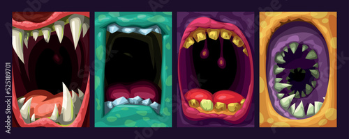 colorful cartoon style monster mouths in set