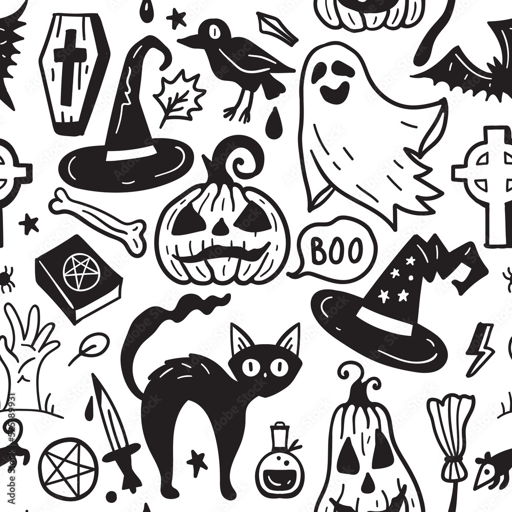 Monochrome seamless pattern of horror Halloween hand drawn doodle elements. Halloween background of magic elements. Pumpkins, ghost, skull, black cat, pot, hat. Monochrome seamless pattern of horror Halloween hand drawn doodle elements. Halloween background of magic elements. Pumpkins, ghost, skull, black cat, pot, hat.