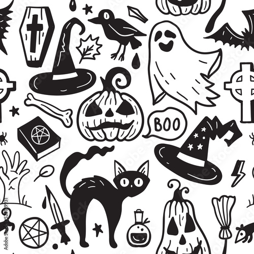 Fototapeta Naklejka Na Ścianę i Meble -  Monochrome seamless pattern of horror Halloween hand drawn doodle elements. Halloween background of magic elements. Pumpkins, ghost, skull, black cat, pot, hat.