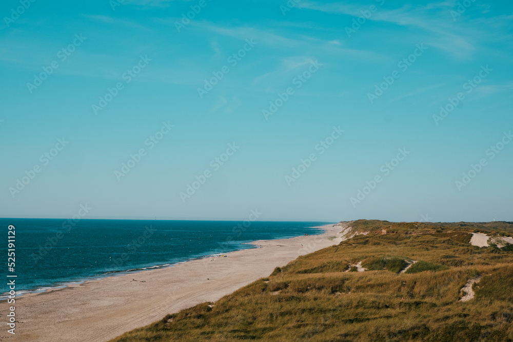 North Sea beach and dunes. Sunset at the dune beach. Sunset View over ocean from dune over North Sea. Outdoor scene of coast in nature of Europe.