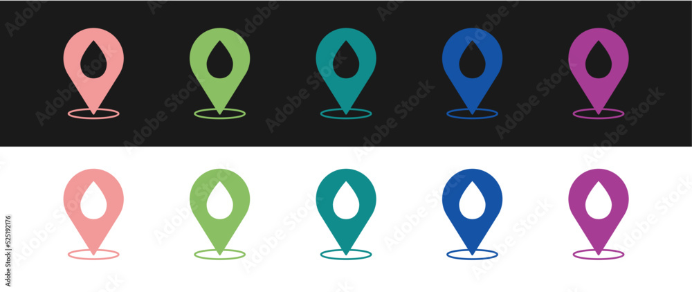 Set Water drop with location icon isolated on black and white background. Vector