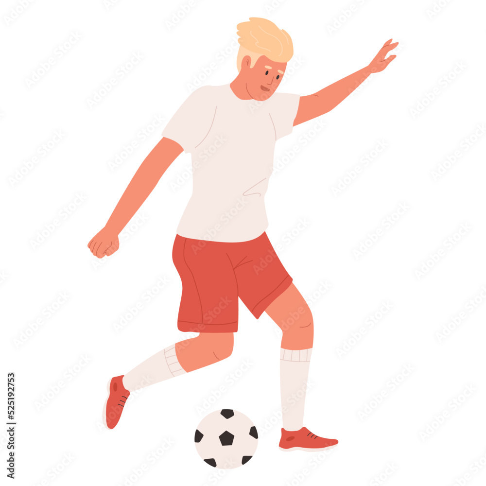 Man playing football. Player kicking a ball. Active sport with ball.