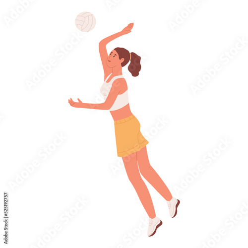 Woman playing volleyball. Player kick ball with hand while jumping up. Active sport with ball.