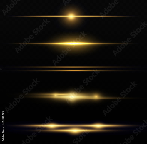 Golden and yellow light flashes, glow line, rays.