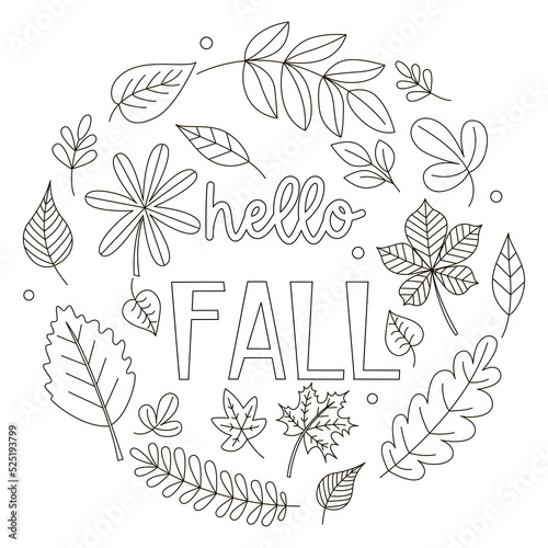 Autumn coloring for children and adults. Black and white linear vector illustration with leaves and inscription. Hello Fall. Expanded stroke