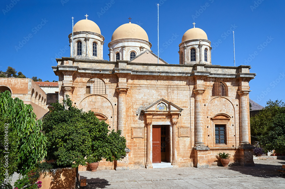 domes and facade of the historic monastery Agia Triada on the island of Crete