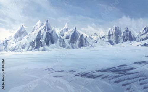 Fantastic Winter Epic Landscape of Mountains. Celtic Medieval forest. Frozen nature. Glacier in the mountains. Mystic Valley. Artwork sketch. Gaming RPG background. 