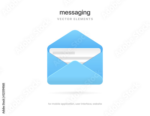 3d realistic blue message chat messaging icon. Document and postal envelope. Chatting, mail, post, letter symbol, sign, emblem for UI UX website mobile app.
