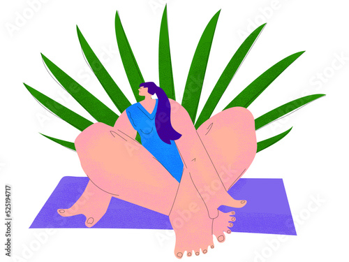 A girl with purple hair is relaxed in a lotus position on a white background. Concept of student in yoga class. Man with large body parts and small head in vector format with texture. photo