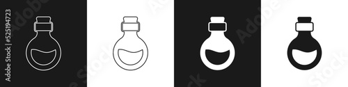 Set Glass bottle with magic elixir icon isolated on black and white background. Computer game asset. Vector