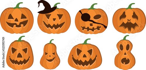 Vector set of Halloween pumpkins with Jack-O-Lantern face in cartoon style. The main symbol of the Happy Halloween holiday.