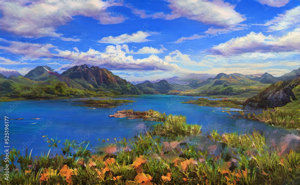 Fantastic Epic Magical Landscape of Mountains. Summer nature. Mystic Valley, tundra, forest. Gaming assets. Celtic Medieval RPG background. Rocks and grass. Beautiful sky and clouds.	Lake and river