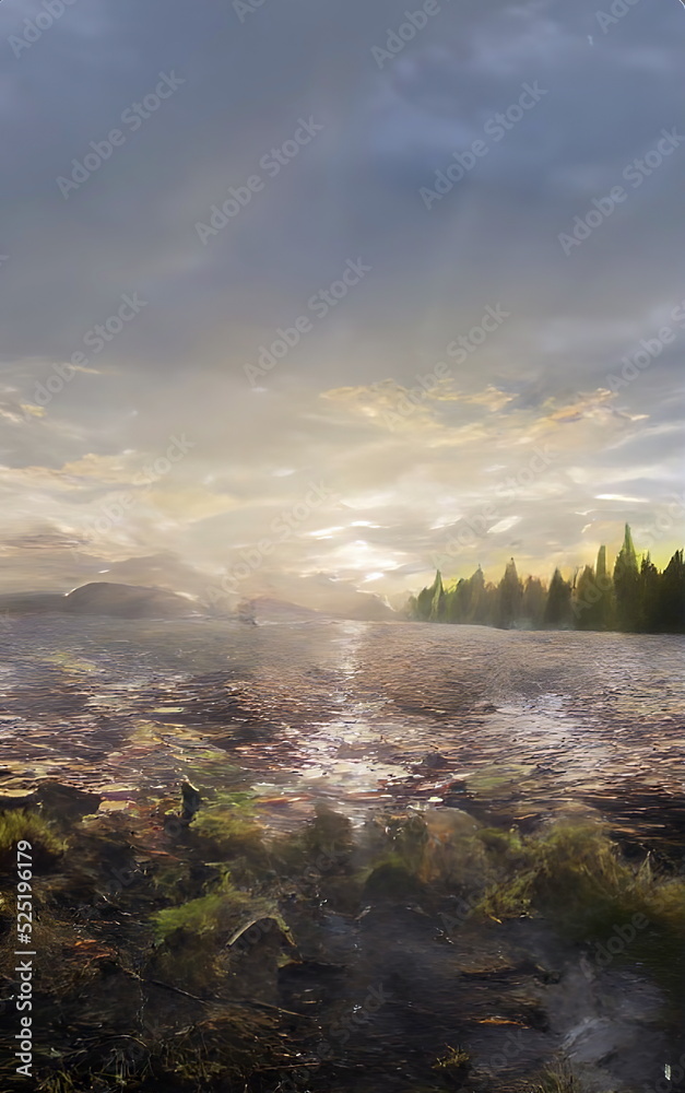 Fantastic Epic Magical Landscape of Mountains. Summer nature. Mystic Valley, tundra, forest. Gaming assets. Celtic Medieval RPG background.  Beautiful sky and clouds.	