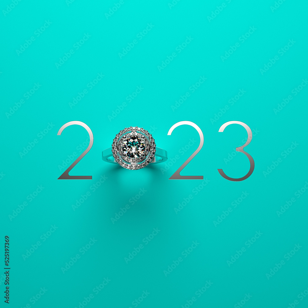 Elegant 2023 New Year design template with luxury diamond engagement ring  on a turquoise (tiffany blue) background. Creative 3D render illustration  for a calendar, greeting card or banner. Stock Illustration | Adobe Stock