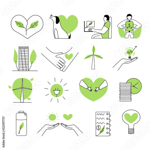 Large set of flat conceptual black-green ESG icons. Collection of environmental, technological and social symbols. Vector illustration