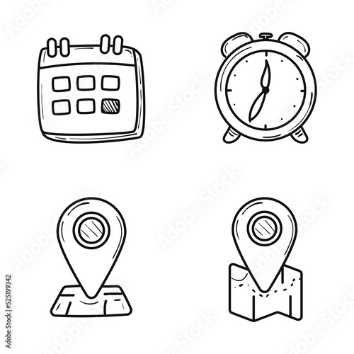 Set of time and location icon with doodle style isolated on white background