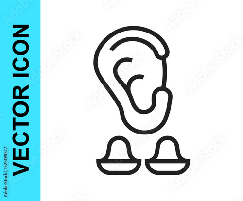 Black line Earplugs and ear icon isolated on white background. Ear plug sign. Noise symbol. Sleeping quality concept. Vector