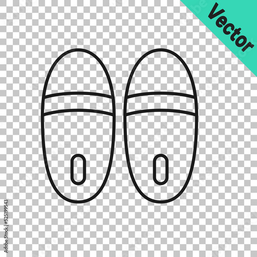 Black line Slippers icon isolated on transparent background. Flip flops sign. Vector