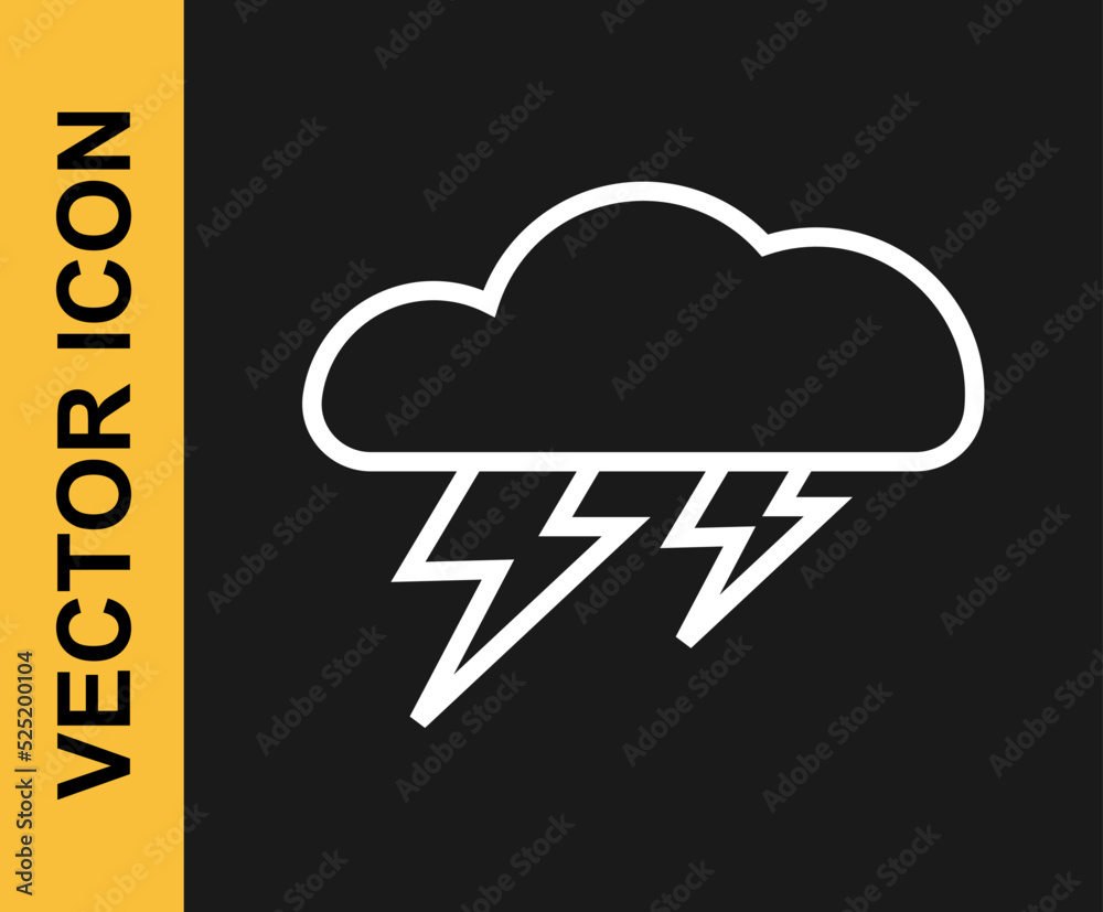 White line Storm icon isolated on black background. Cloud and lightning sign. Weather icon of storm. Vector White line Storm icon isolated on black background. Cloud and lightning sign. Weather icon of storm. Vector