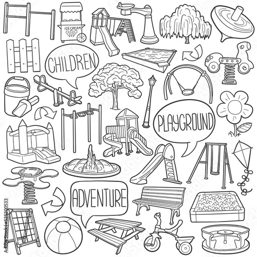 Playground Doodle Icons. Hand Made Line Art. Kids Zone Clipart Logotype Symbol Design.